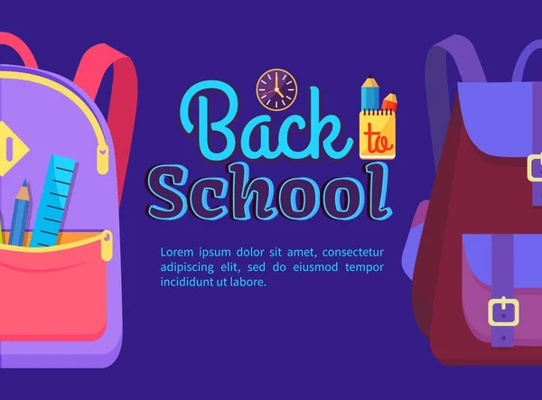 Affiche de retour à l'école avec sac à dos pour écoliers — Image vectorielle