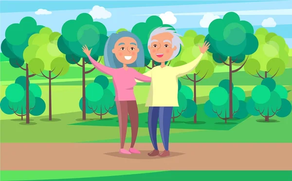 Happy Grandparent Senior Couple Wave Hands in Park — Stock Vector