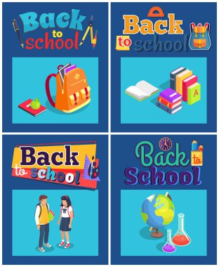 Okul kümesine geri çeşitli nesnelerle posterler