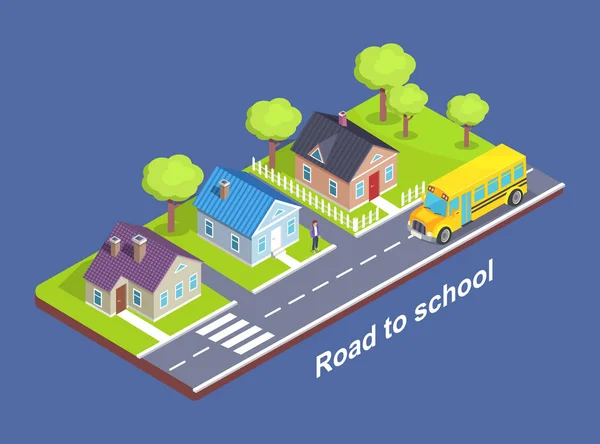 Road to School Through Cottage Town with Crosswalk — Stock Vector