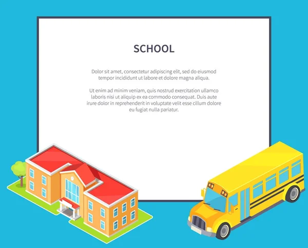 Okul turuncu iki katlı okul ve sarı otobüs — Stok Vektör