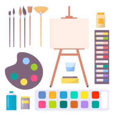 Set izole resimde çeşitli sanat malzemeleri