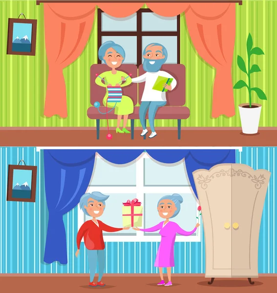 Gelukkig ouderen thuis Set van illustraties — Stockvector