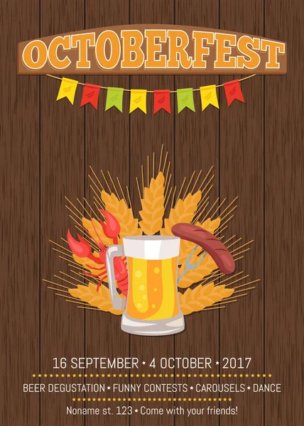 Octoberfest bira bardağı ve gıda resmeden posteri — Stok Vektör