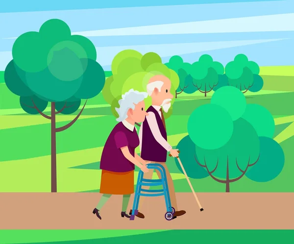 Nonno con bastone da passeggio e donna anziana — Vettoriale Stock