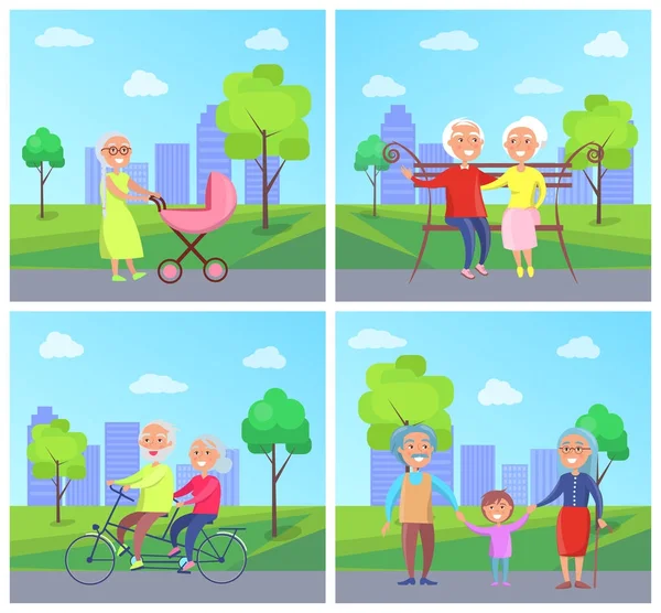 Set of Illustrations with Grandparents and Kids — Stock Vector