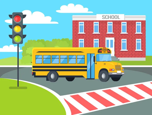 Bus Stops Before Pedestrian near School Building — Stock Vector