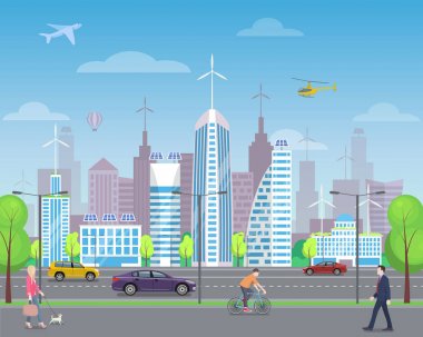 Cityscape yayaları ve uzun boylu gökdelenler ile