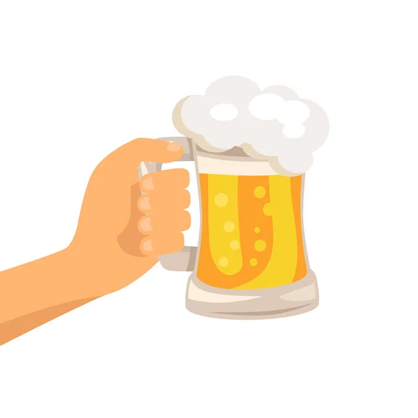 Mão com copo tradicional de cerveja com espuma —  Vetores de Stock