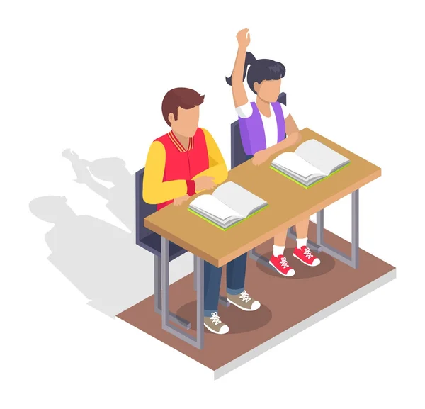 Due studenti ragazzo e ragazza si siedono alla scrivania con libri — Vettoriale Stock