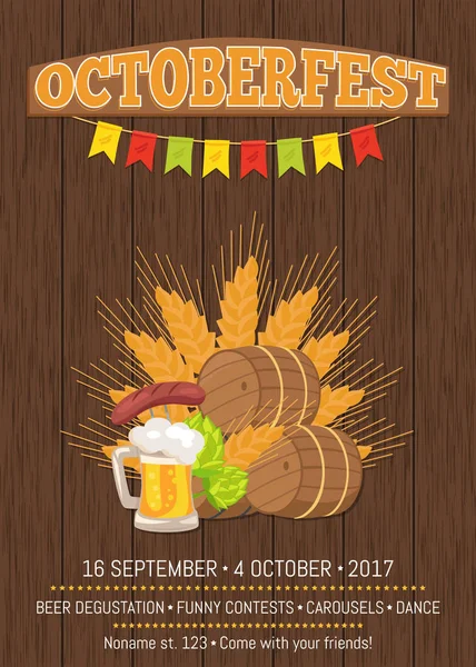 Octoberfest Poster varil, gıda ve bira ile — Stok Vektör