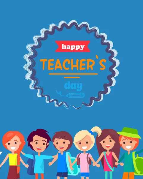 Kartu Pos berwarna Hari Guru Bahagia dengan Anak-anak - Stok Vektor