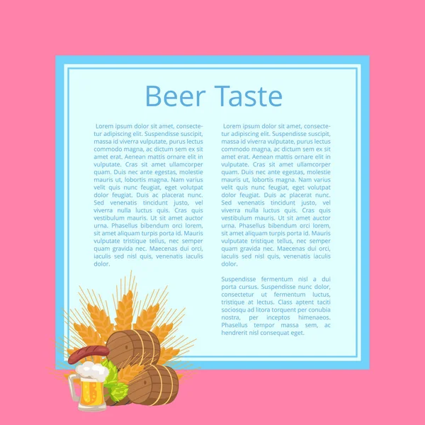 Пивной плакат с бочками, едой и напитками — стоковый вектор