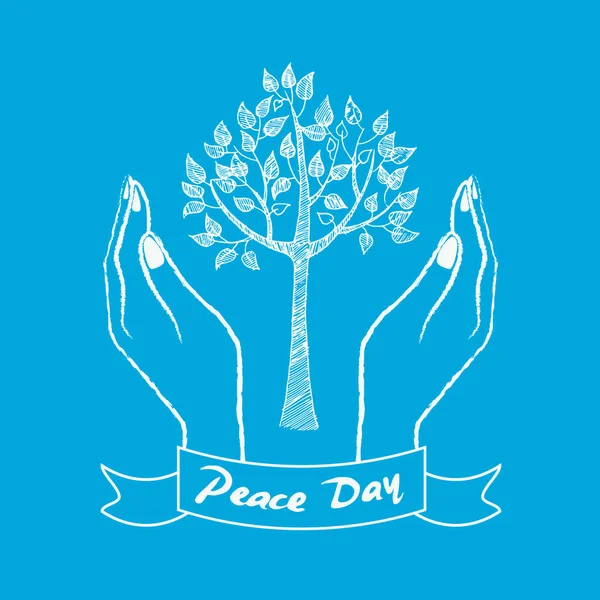 Peace Day Symbol with Hands Taking Care About Tree — Stock Vector