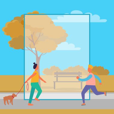 Kadın ve köpek ve paten adam sonbahar Park