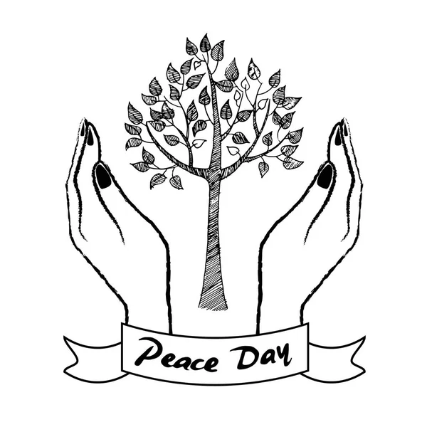 Symbole de la Journée de la Paix avec les mains prenant soin de l'arbre — Image vectorielle