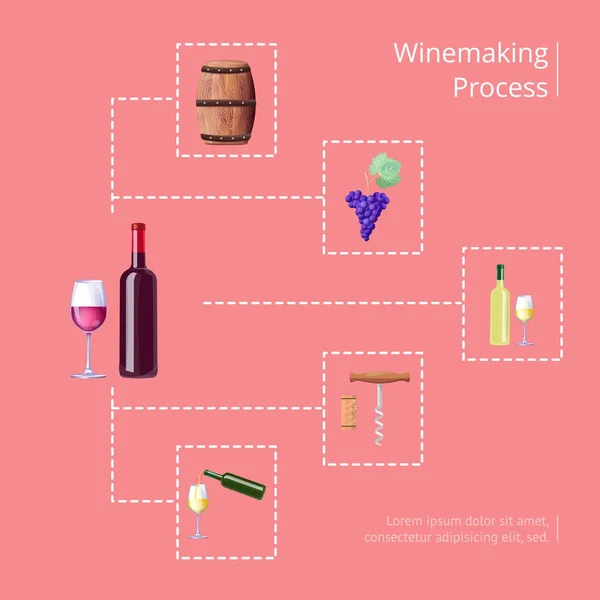 Vektor-Darstellung des Weinherstellungsprozesses auf rot — Stockvektor