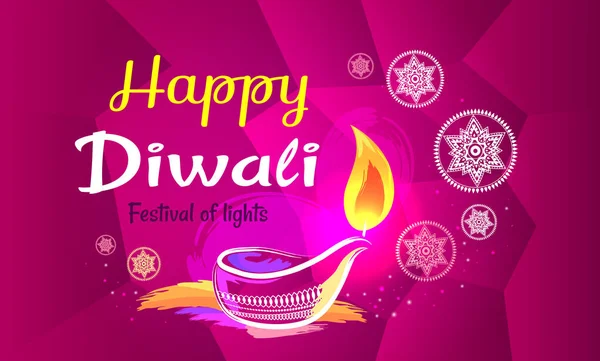Glücklich Diwali Poster mit lila Muster Hintergrund — Stockvektor