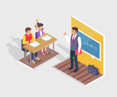 İki öğrenci erkek ve kız öğretmen Stand, Masa başında oturmak