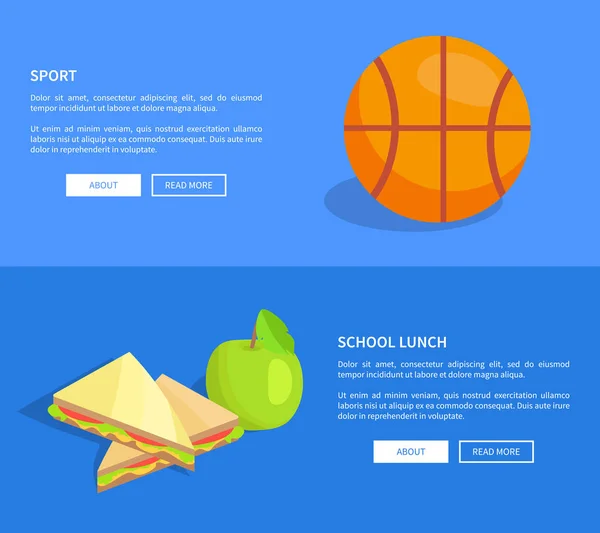 Almoço escolar e esporte Web Banners Set Vector —  Vetores de Stock