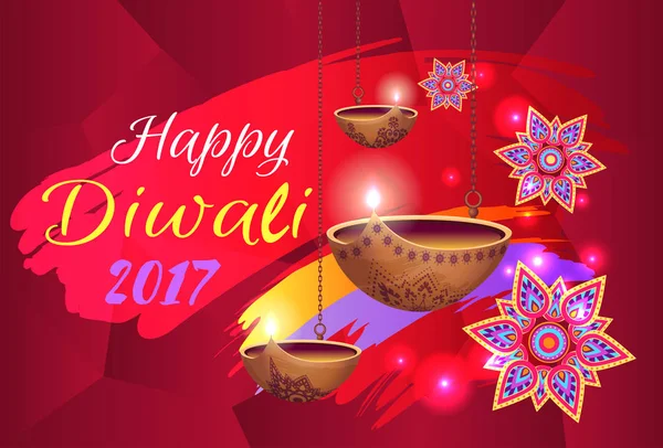 Happy Diwali 2017 Banner with Flowers and Lamps — Stock Vector