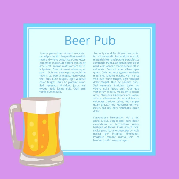 Cartel del pub de cerveza con texto que representa la taza llena de vidrio — Vector de stock