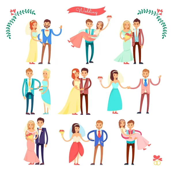 Ícones de casamento casal feliz na ilustração vetorial — Vetor de Stock