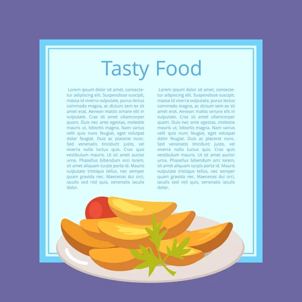 Tasty Food Poster with Roasted Potatoes on Plate — Stock Vector