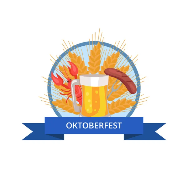 Oktoberfest Logo Design com copo de cerveja, churrasqueira — Vetor de Stock