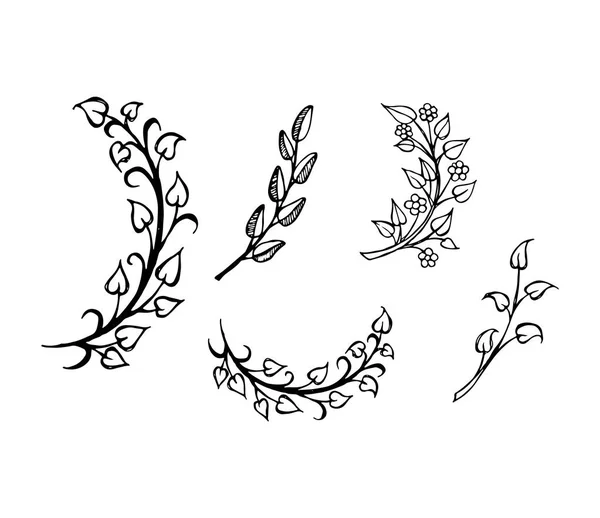 Conjunto de hojas de ramas dibujadas a mano en forma de corazón — Vector de stock