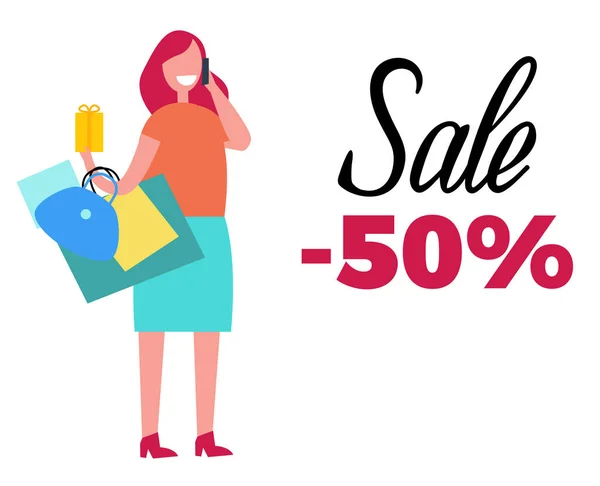 Venta -50 Mujer feliz y bolsas Vector Ilustración — Vector de stock