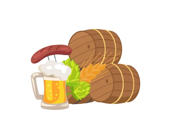 Tre barili di birra e snack Vector Illustrazione — Vettoriale Stock