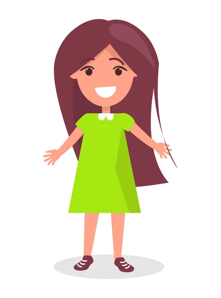 Fille brune souriante aux cheveux longs en robe — Image vectorielle
