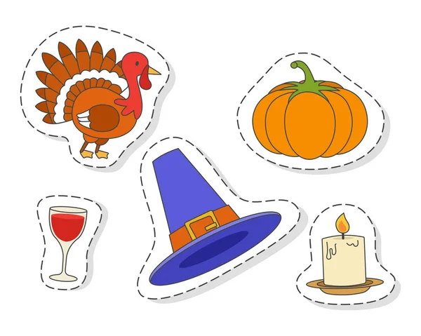 Thanksgiving Day Symbols stickers Flat Vector Set — Stock Vector