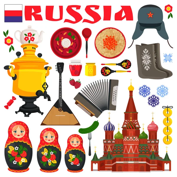 Rússia Itens famosos Ícones Ilustração vetorial —  Vetores de Stock