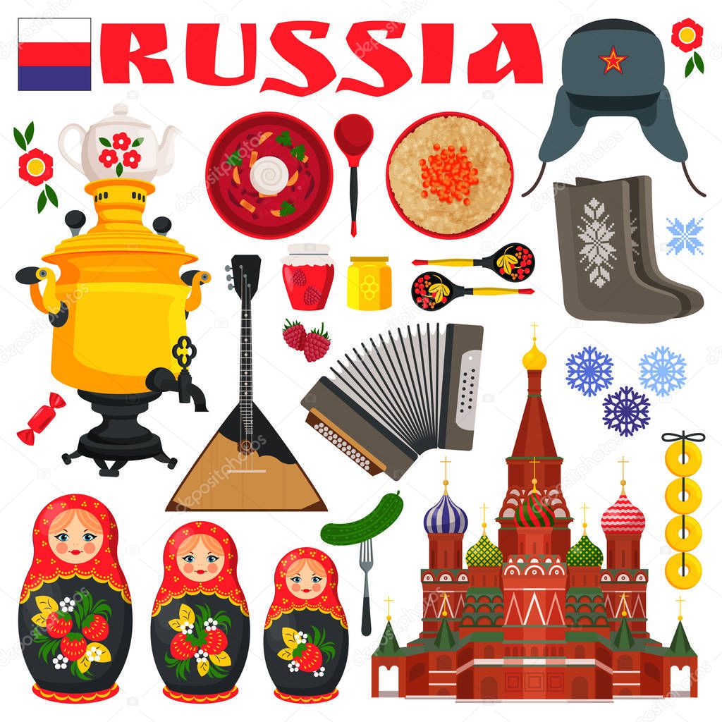 Rusia artículos famosos iconos Vector ilustración — Vector de stock