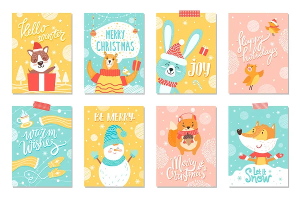 Feliz Navidad conjunto de carteles de vacaciones de invierno — Vector de stock