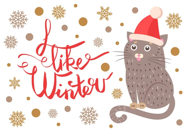 J'aime l'affiche d'hiver avec illustration vectorielle de chat — Image vectorielle