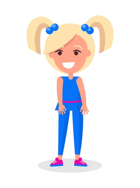 Lächelndes blondes Mädchen mit zwei Schwänzen im blauen Anzug — Stockvektor