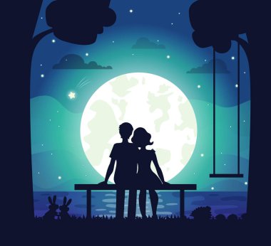 Deniz ay ışığı altında oturan Romantik Çift