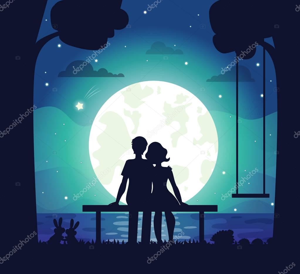 Romantic Couple Sitting on Seaside Under Moonlight