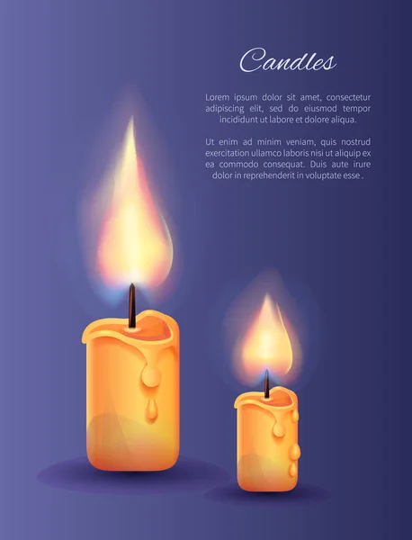 两支燃烧的蜡烛, 又小又大, 有点燃的火焰 — 图库矢量图片