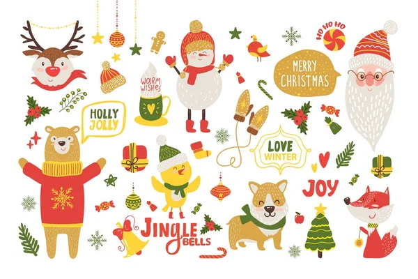 Buon Natale Poster con simpatici animali dei cartoni animati — Vettoriale Stock