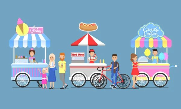 Helado, Hotdog y algodón caramelo Boothes iconos — Vector de stock