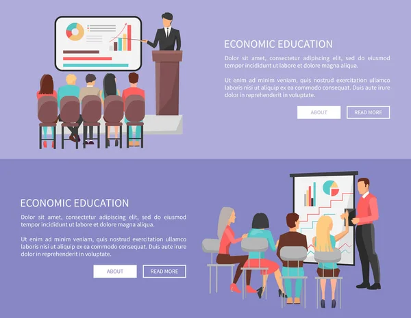 Conjunto de carteles web de educación económica con profesor — Vector de stock