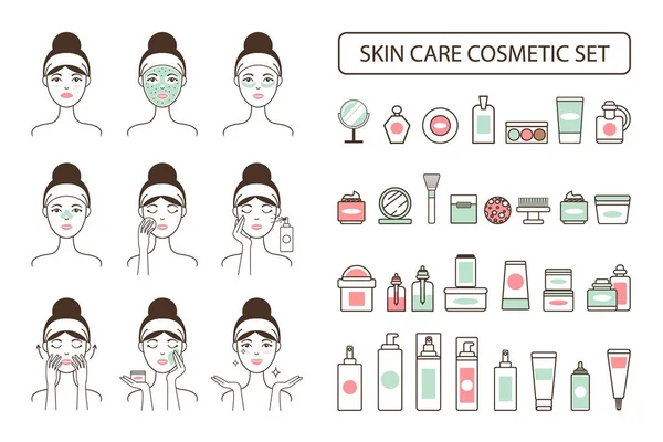 Soins de la peau Cosmétique Set sur Promo Affiche avec Femme — Image vectorielle