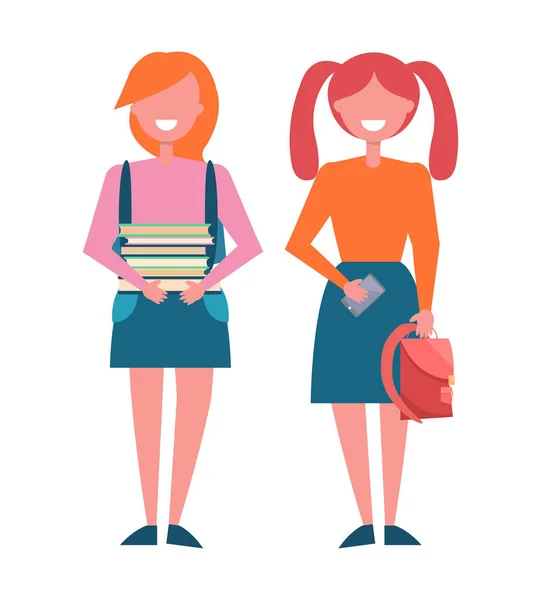 Escola meninas com pilha de livros em mãos Rucksack —  Vetores de Stock
