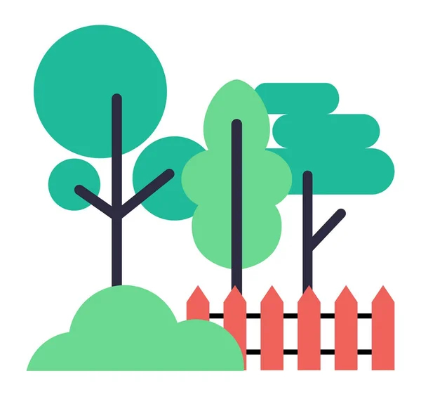 Icônes des arbres, Bush et clôture en bois sur blanc — Image vectorielle