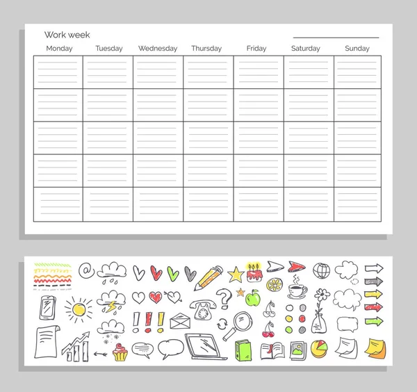 Mesa da Semana de Trabalho e Ícones sobre Ilustração de Vetores —  Vetores de Stock