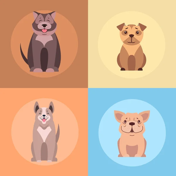 Lindo pura raza perros dibujos animados planos vectores iconos conjunto — Archivo Imágenes Vectoriales
